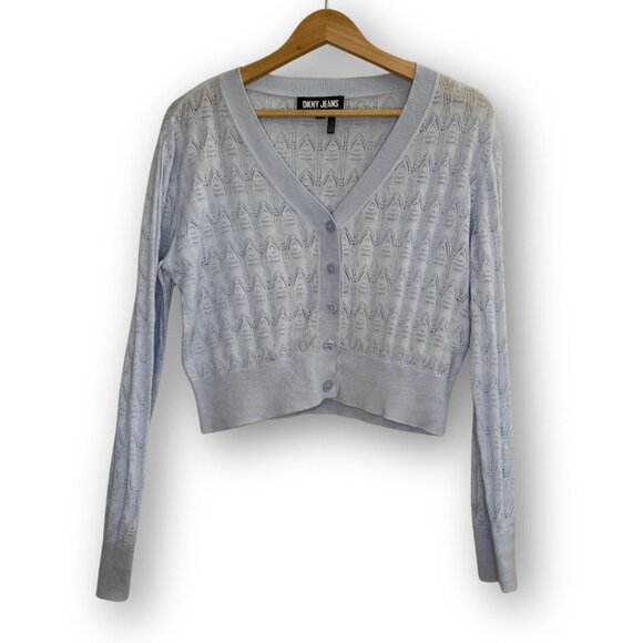NWOT DKNY Jeans Baby Blue Pointelle Knit Cropped Cardigan Size Small - Picture 2 of 5